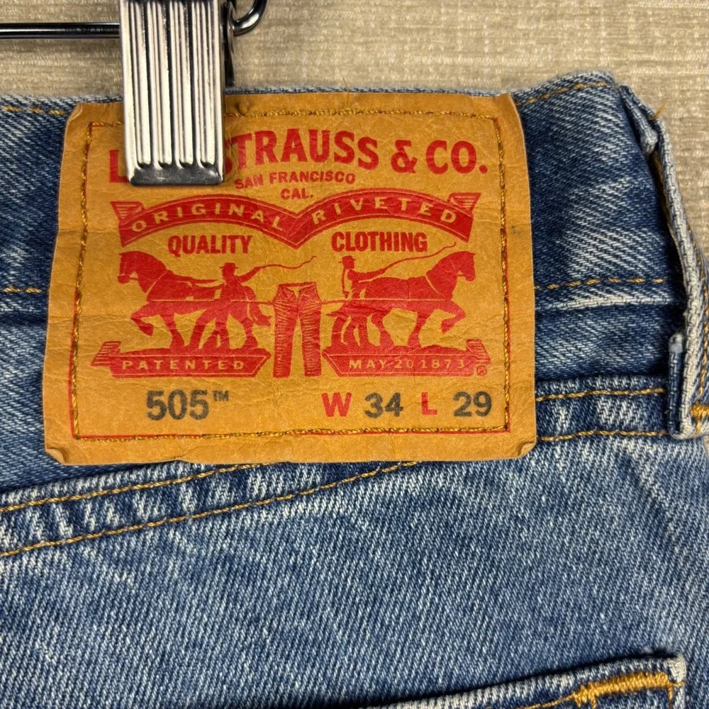 Levis 505 Mens 34x29 Jeans Medium Light Blue Washed Denim Grungy HighLow Fading